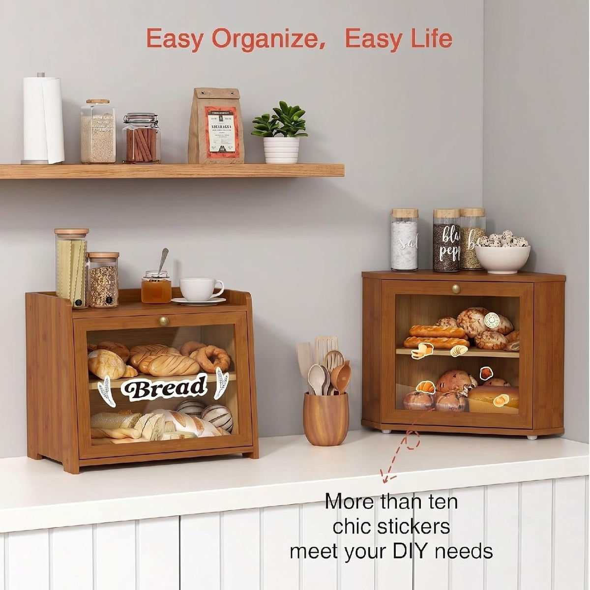 Goozii Walnut Brown Corner Bread Box for Kitchen Countertop, Double Layer Breadbox for Homemade Sourdough Bread, Dark