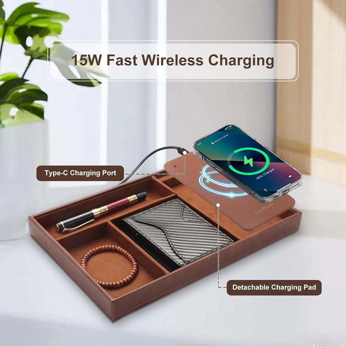 TopMade Valet Tray with Wireless Charging Pad Nightstand Organizer, Leather Desktop Storage Dresser Organizer Charging