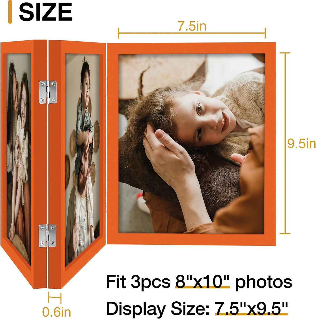 decorUhome Orange Triple 8x10 Picture Frame Vertical, MDOR08 | "Z" Shape Folding Design Engineered Wood Trifold Photo