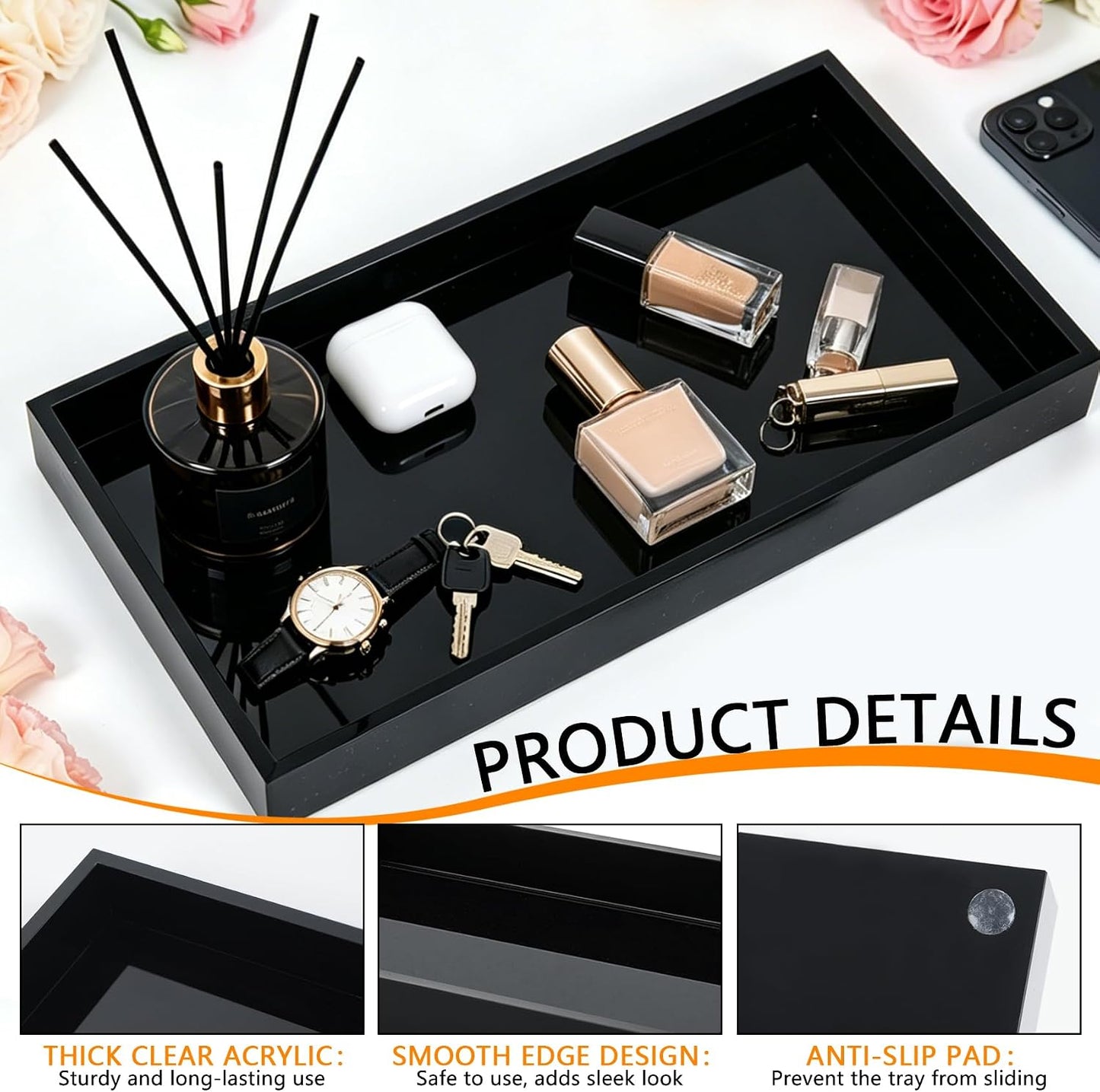 Acrylic Tray 5mm Thicken for Vanity Makeup / Black / 12 x 6 x 1.2