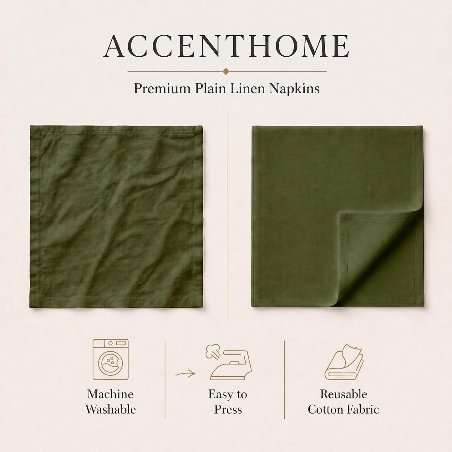 ACCENTHOME Olive Green Cotton Linen Napkin Set of 12 18x18 inch Dinner | Cotton Linen Blend Napkins, Machine Wash On