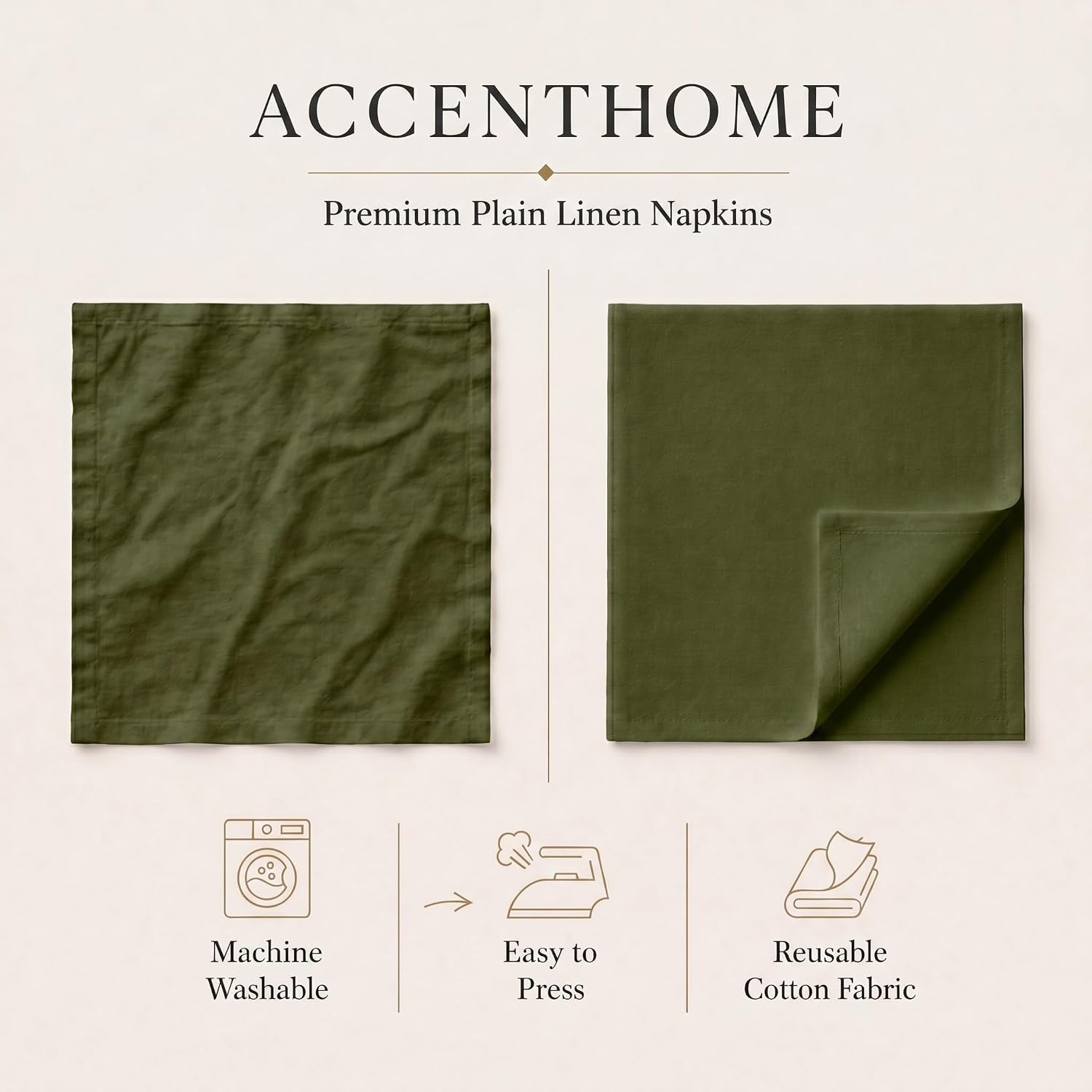 ACCENTHOME Olive Green Cotton Linen Napkin Set of 12 18x18 inch Dinner | Cotton Linen Blend Napkins, Machine Wash On