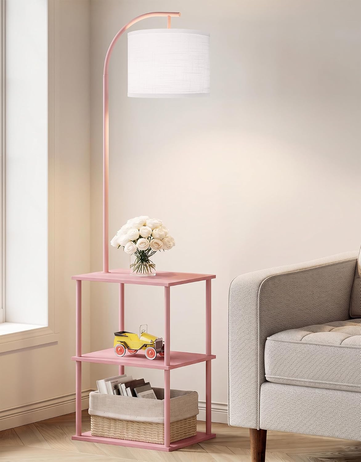 PARTPHONER Floor Lamp with Table, Night Stand with Lamp, Narrow Side Table with 3CCT LED Bulb, Small Coffee Table