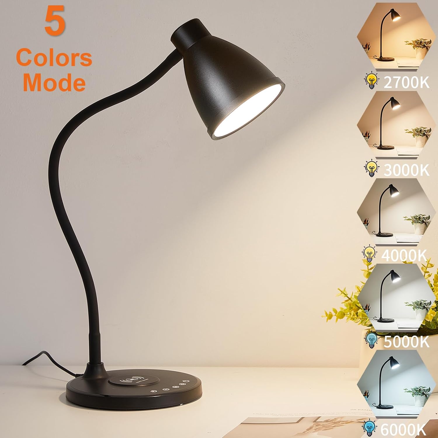 BOHON Desk Lamp for Home Office with USB C+A Charging Ports Timer Black | LED Desk Light with Wireless Charger 5 Colors