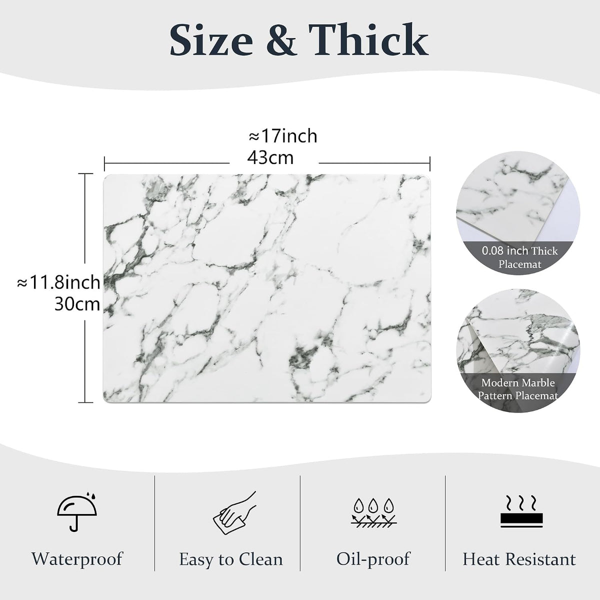 FROMHEART Faux Leather PU Placemats Set of 6 (Marble,11.8" x 17") | Waterproof,Heat/Oil Stain-Resistant Table