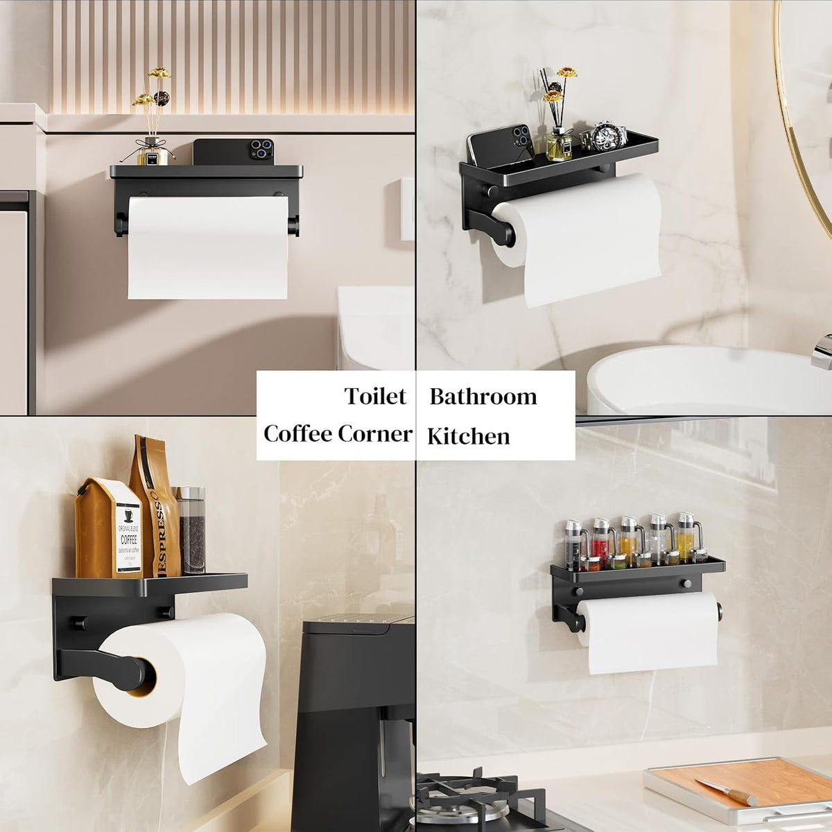Black Paper Towel Holder with Shelf, Wall Mount Paper Towel Holder for Bathroom Kitchen, Hand Towel Rack Holder,Paper