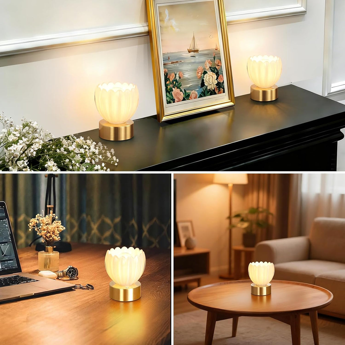 Shenmoyl Cordless Small Table Lamp with 5200mAh Battery & Touch Control, Battery Operated Tulip Table Lamp with 3