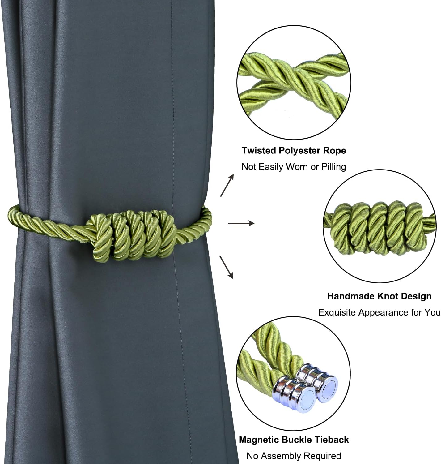 BEL AVENIR Magnetic Curtain Tiebacks 6 Pack Hand-Woven Curtain Ties | Green Decorative Curtain Holdbacks Bohemian Style