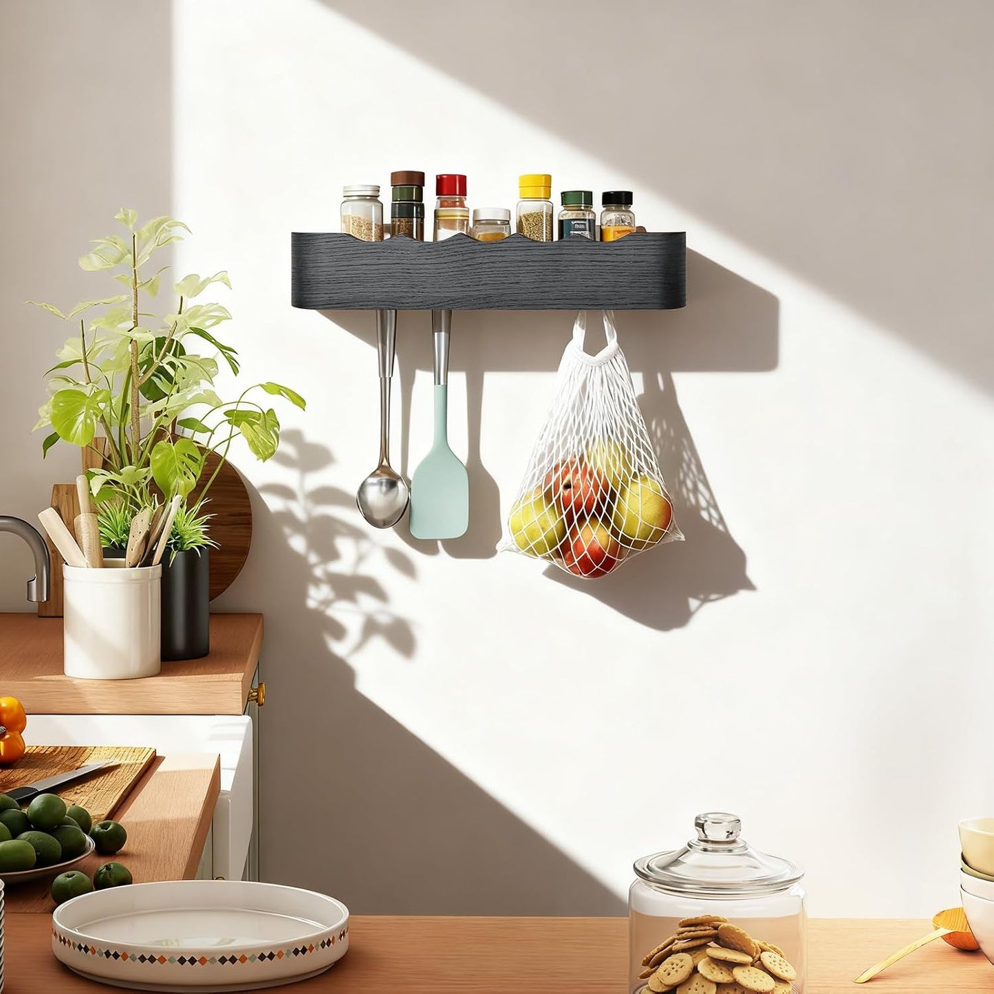 Shelf Entryway Shelf Modern Key Holder Hanger Wall Shelves / Wavy Black / 5 Hooks