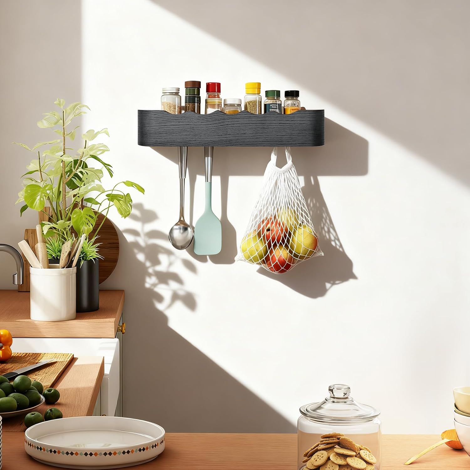 Shelf Entryway Shelf Modern Key Holder Hanger Wall Shelves / Wavy Black / 5 Hooks