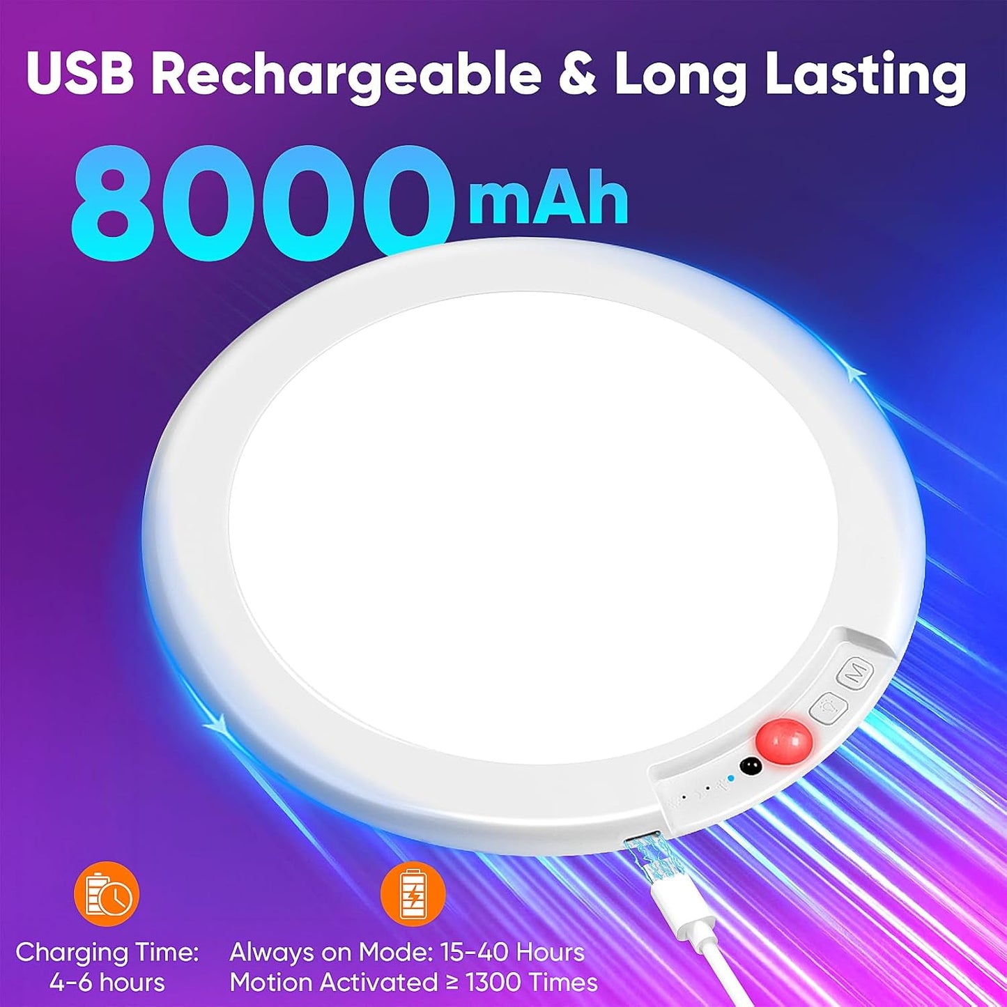 Rechargeable Motion Sensor Ceiling Light, Battery Closet Light 12 RGB Color | Wireless Battery Powered LED Shower