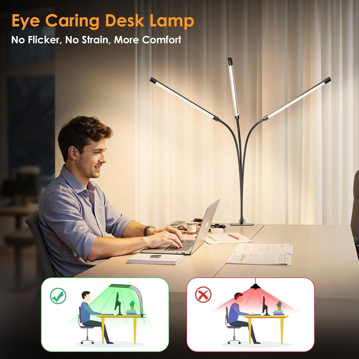 ShineTech 3-Head LED Desk Lamp with Clamp, Eye-Caring Clip on Lights | Ultra-Wide Lighting, 4 Color Modes, Stepless