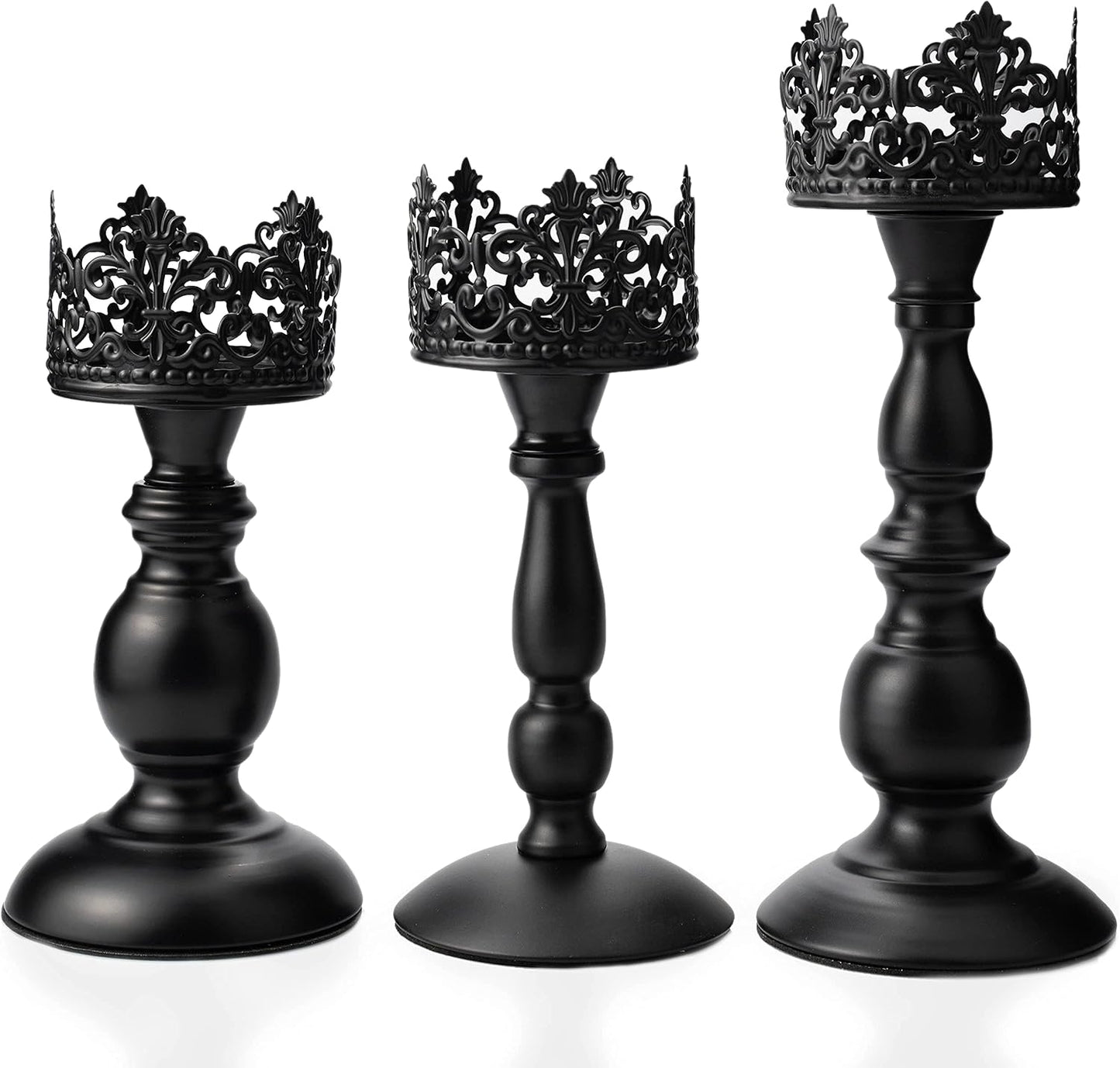 BANOMII Vintage Pillar Candle Holders for Table Centerpiece Set of 3-11'' 9'' 8'' - Matte Black Metal Candle Stands