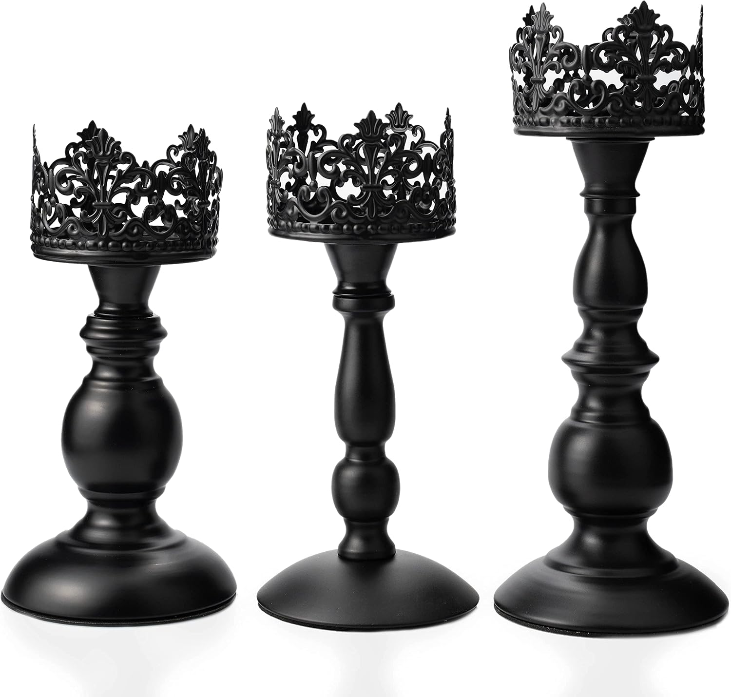 BANOMII Vintage Pillar Candle Holders for Table Centerpiece Set of 3-11'' 9'' 8'' - Matte Black Metal Candle Stands