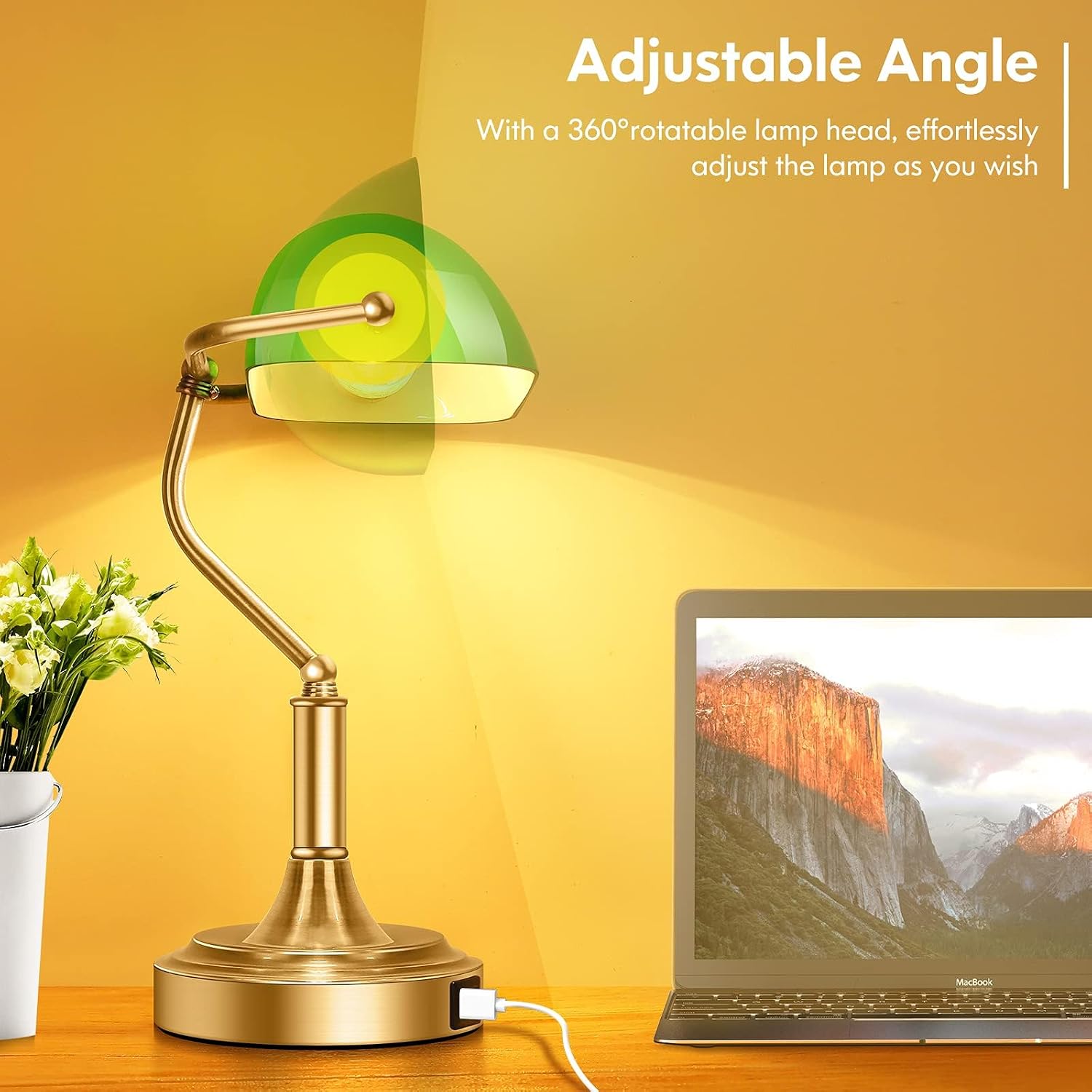 Bankers Lamp with 2 USB Ports, Touch Control Green Glass Desk Lamp with Brass Base, 3-Way Dimmable Vintage Desk Lamp