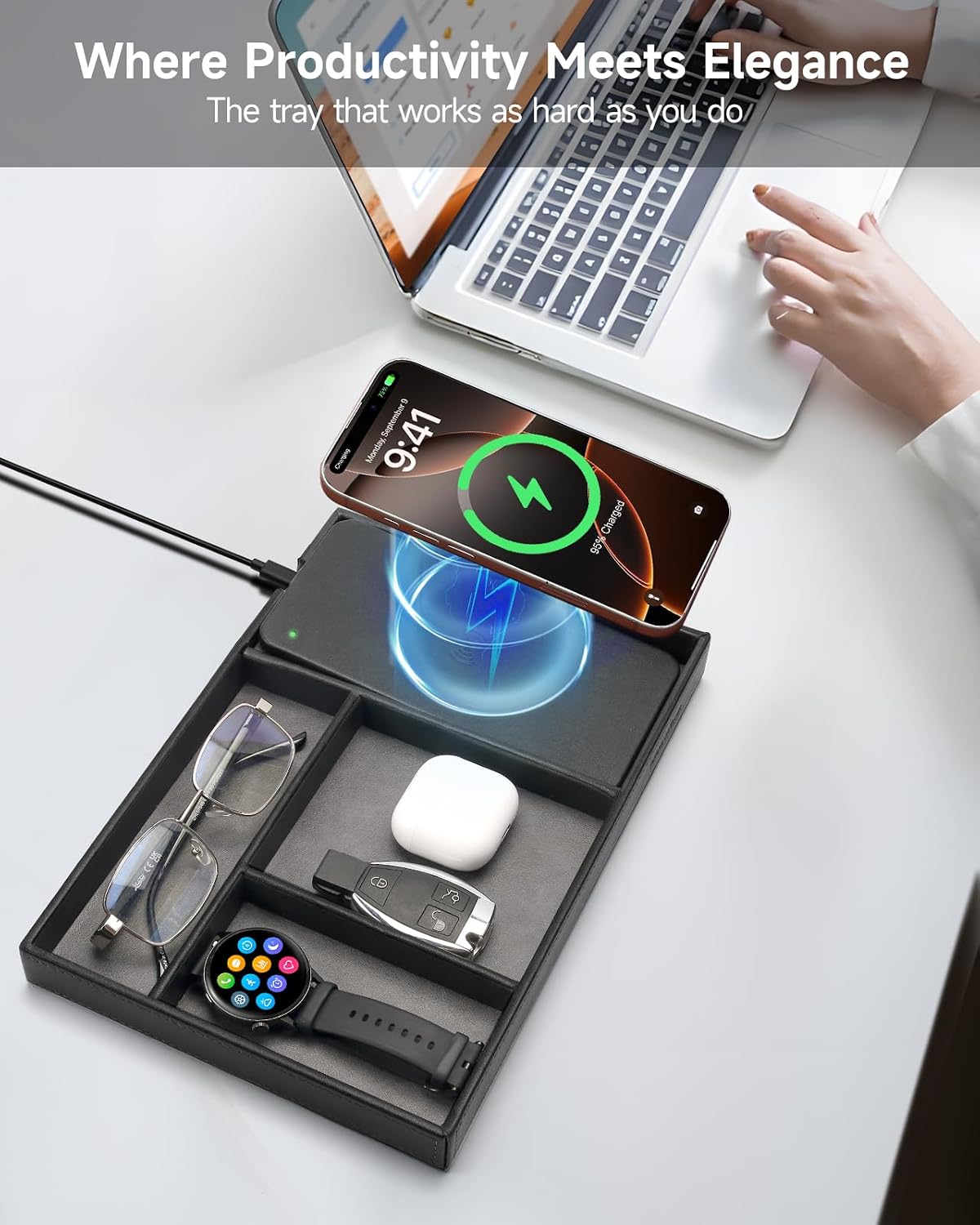 Valet Tray, Built in Wireless Charging Pad, Nightstand Organizer | Two-Toned Premium Leather Desk Bedside Caddy