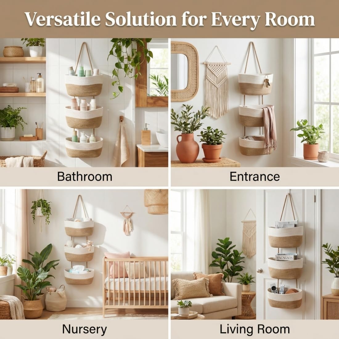 Hooks / Hanging Wall Basket / White&jute