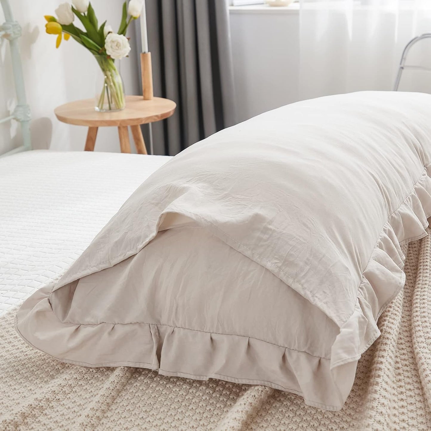 Grey Pillow Cover Long Pillowcase Ruffled Pillowcases Shabby Chic Ruffled / Body / Beige / 20 x 54