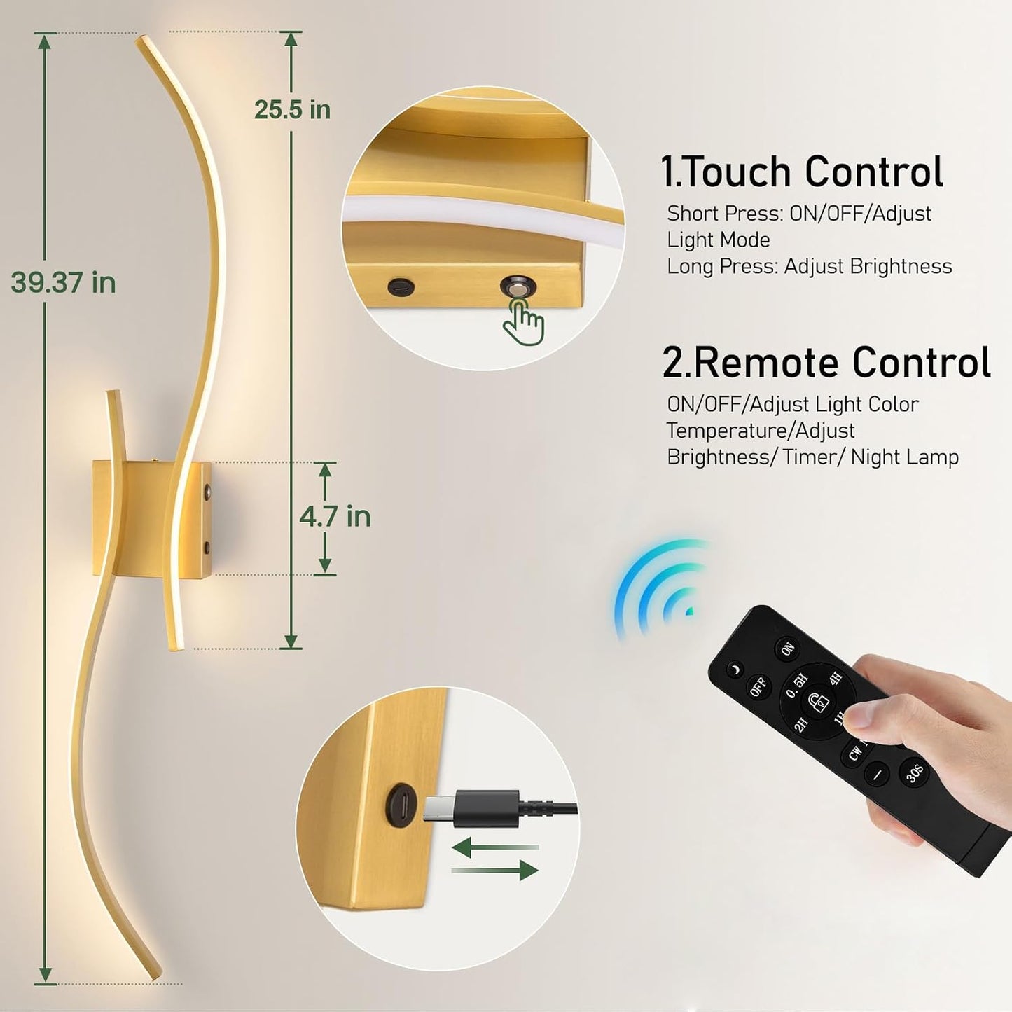 CANEOE Battery Operated Wall Sconce Set of 2, 18000mAh Gold Rechargeable Wall Lights with Remote Control,3000K-6000K