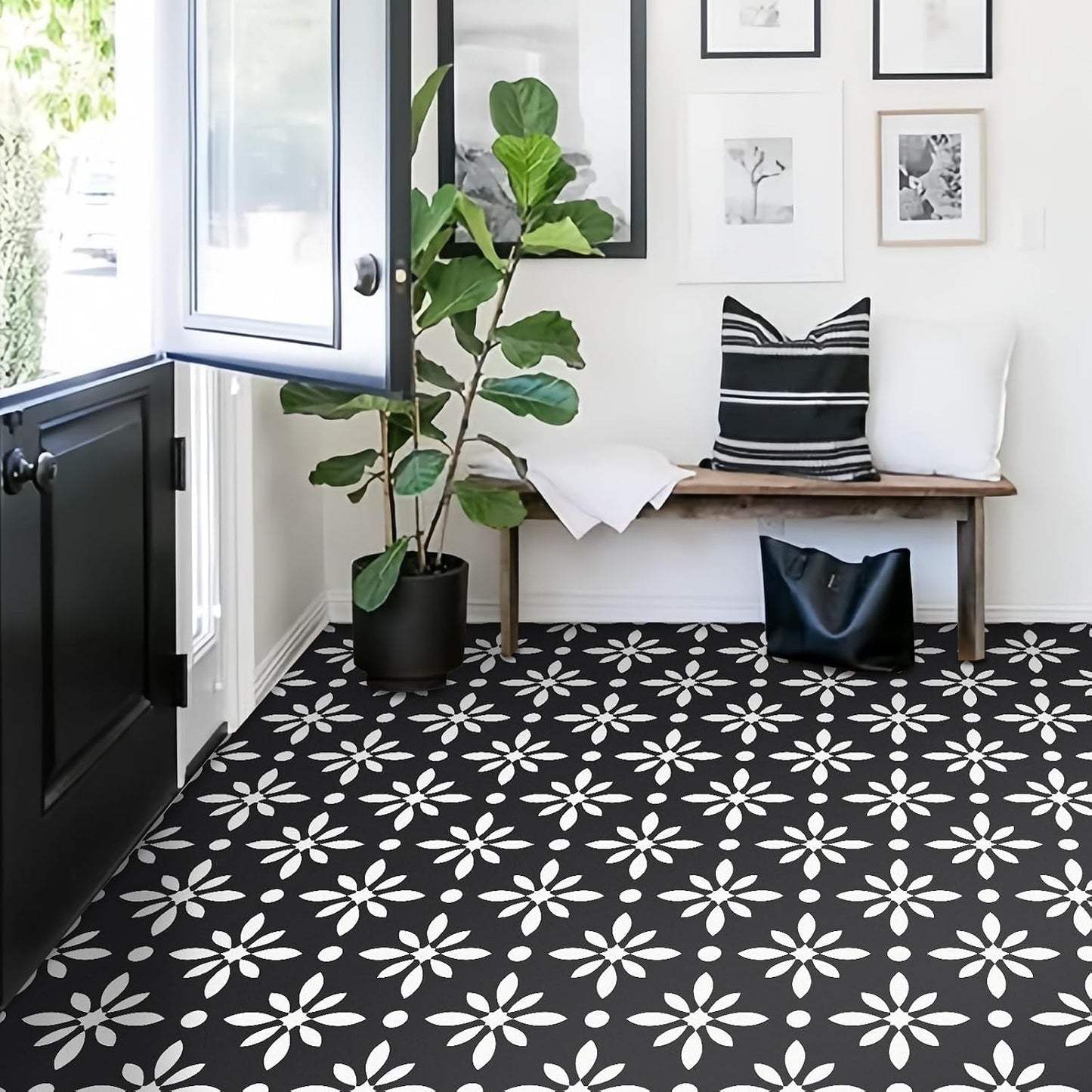MORCART Peel and Stick Floor Tile / 7.87 x 7.87 / White Flowers+black Ft-1625 / Set of 20