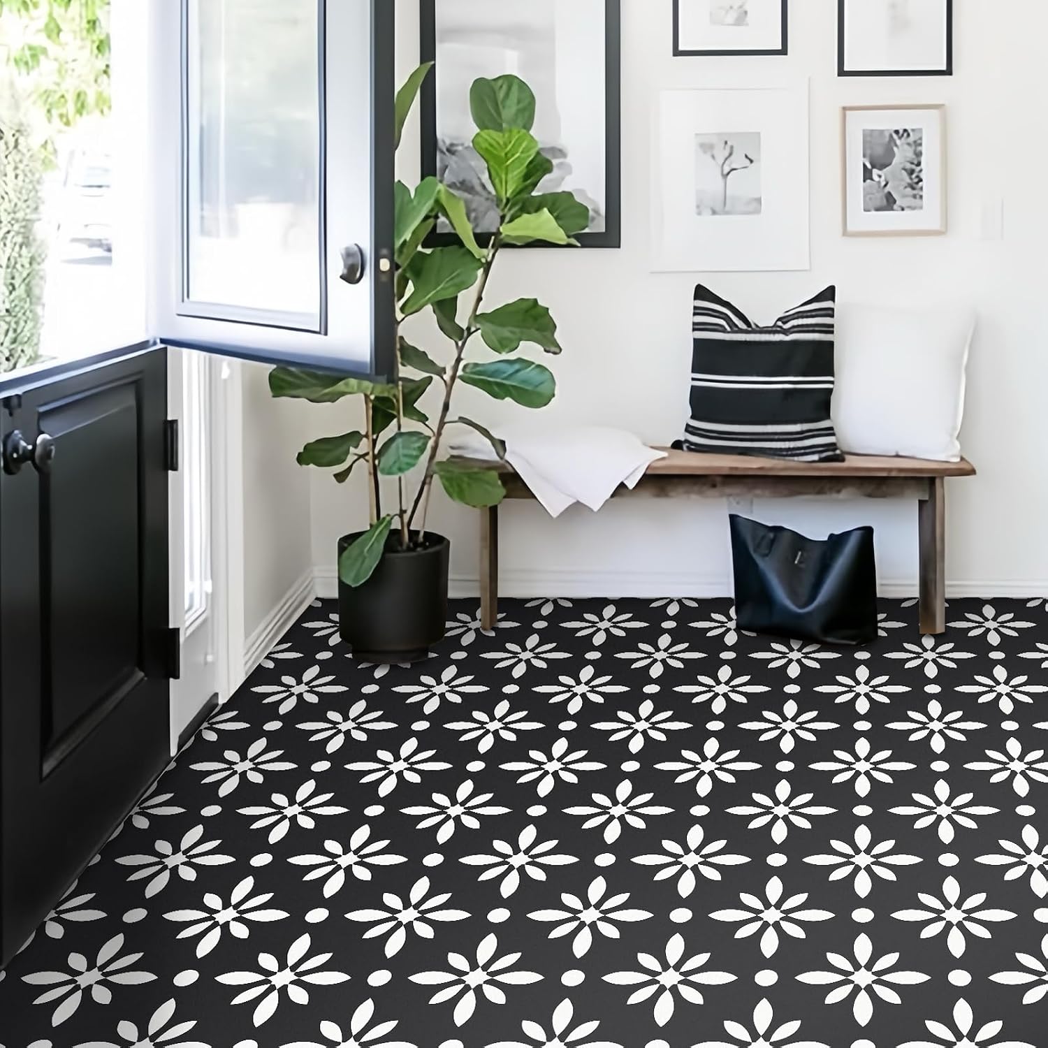 MORCART Peel and Stick Floor Tile / 7.87 x 7.87 / White Flowers+black Ft-1625 / Set of 20