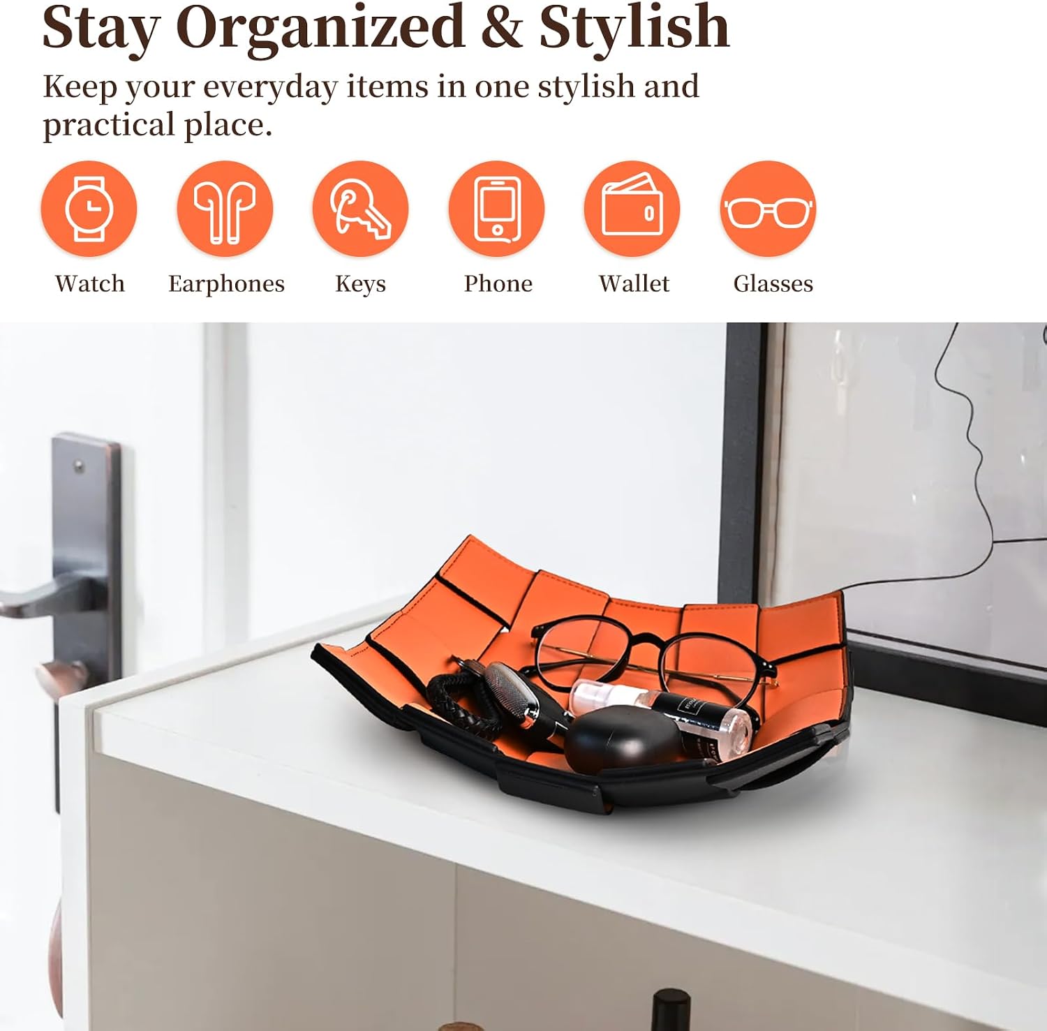 Valet Tray PU Leather Key Holder Bowl for Women and Men Entryway Table Nightstand / Orange + Black