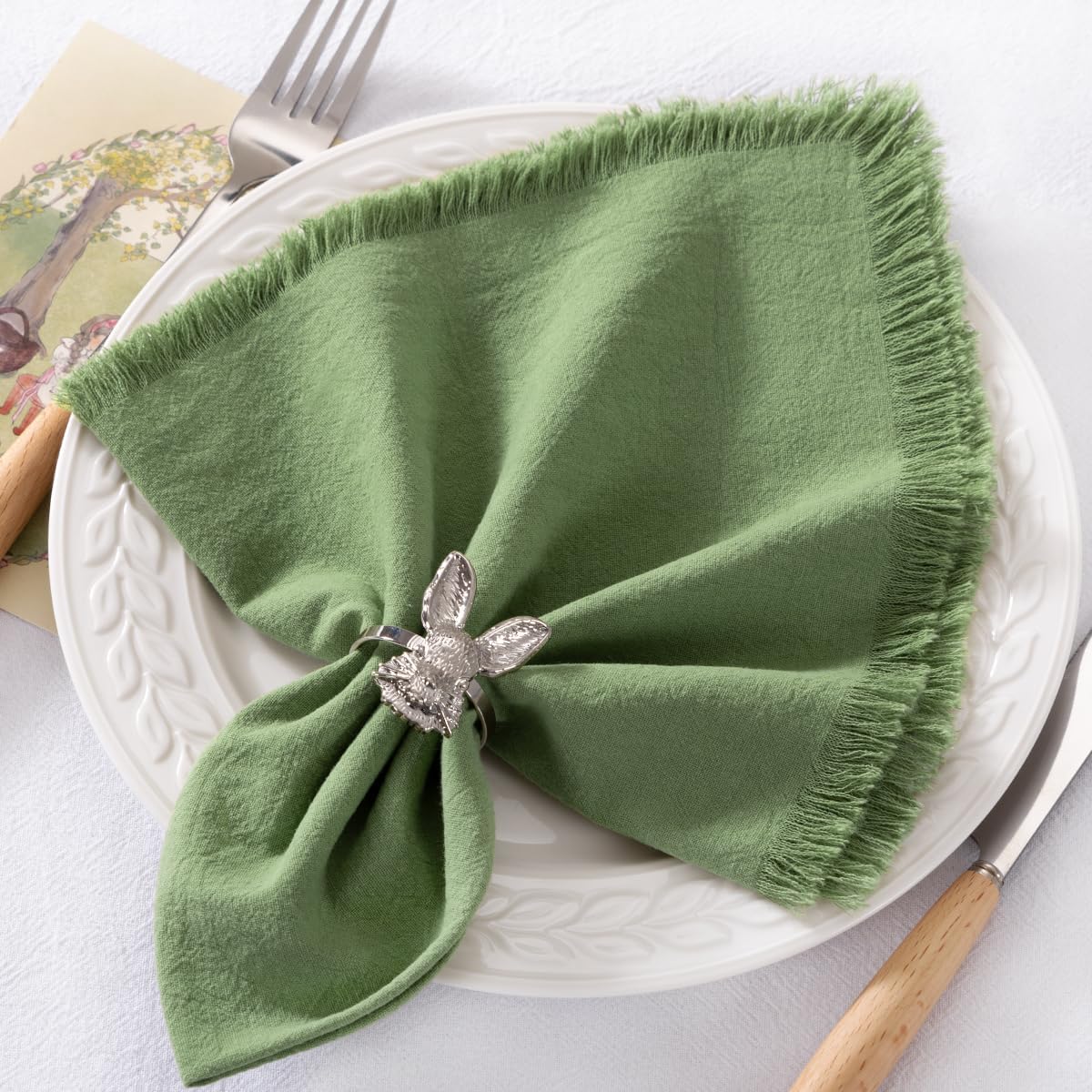 DeZerlor Sage Green Summer Cotton Linen Washable Cloth Napkins Set of 12 | Reusable Boho Handmade Table Napkins Bulk