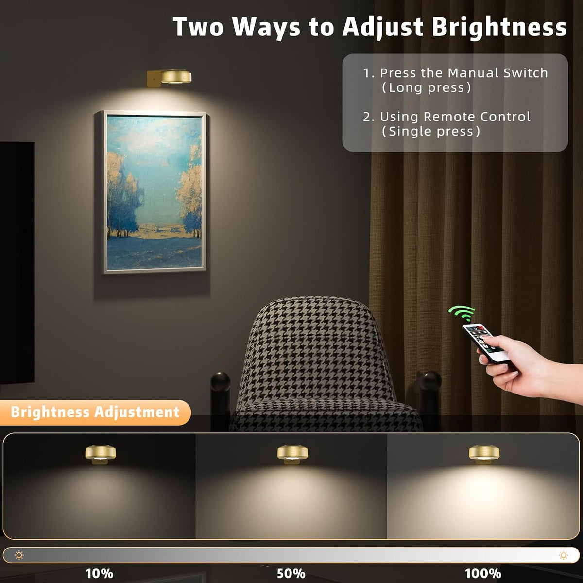 6 Pcs Picture Lights, Rechargeable Battery Operated Dimmable 3-Color Wall Light with Remote & Timer for Paintings