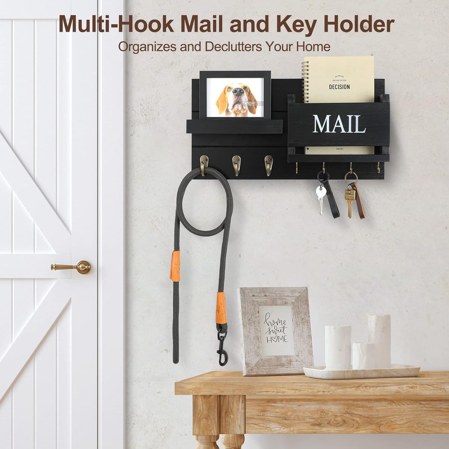 Shelf Includes Letter Holder and Hooks for Hallway Farmhouse / Black