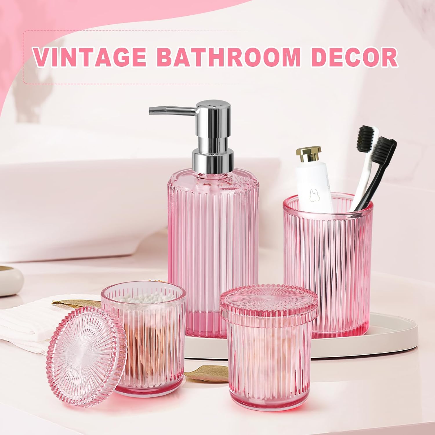 Pink Bathroom Accessories Set, 4 Pcs Glass Bathroom Accessory Set, Pink Soap Dispenser and Toothbrush Holder Set, Qtip