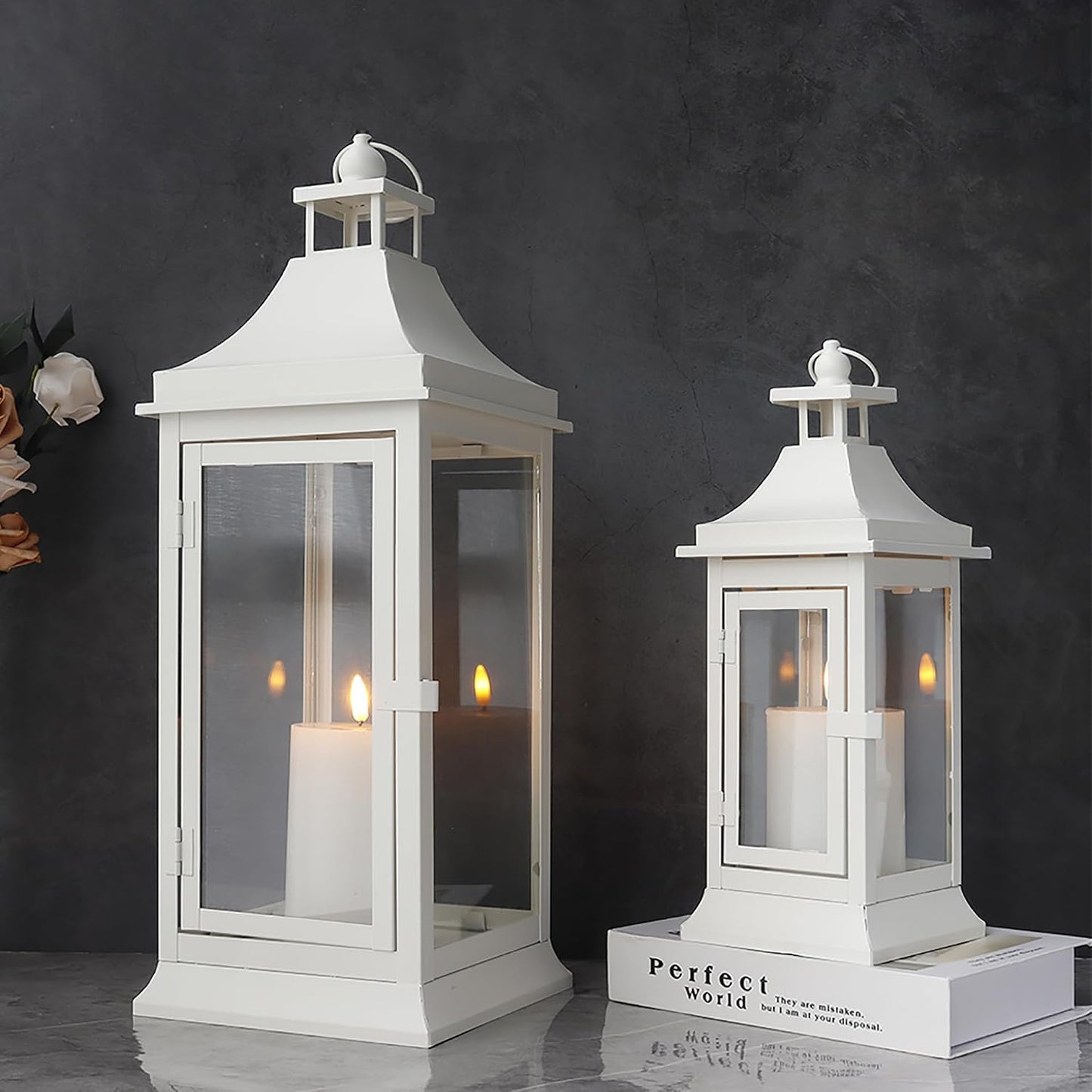 JHY DESIGN Set of 2 19.5''&13''Tall Vintage Candle Lanterns Outdoor Hanging Tower Lantern Metal Candle Holder for