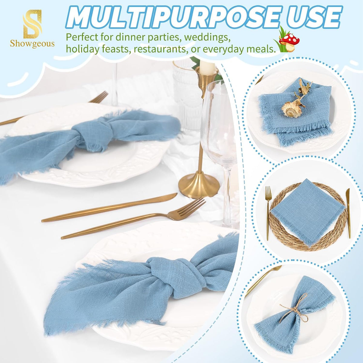 Showgeous 30 Pack Dusty Blue Cloth Napkins with Fringe, 16x16 inch | 100% Cotton Blue Napkins Handmade Dinner Napkins