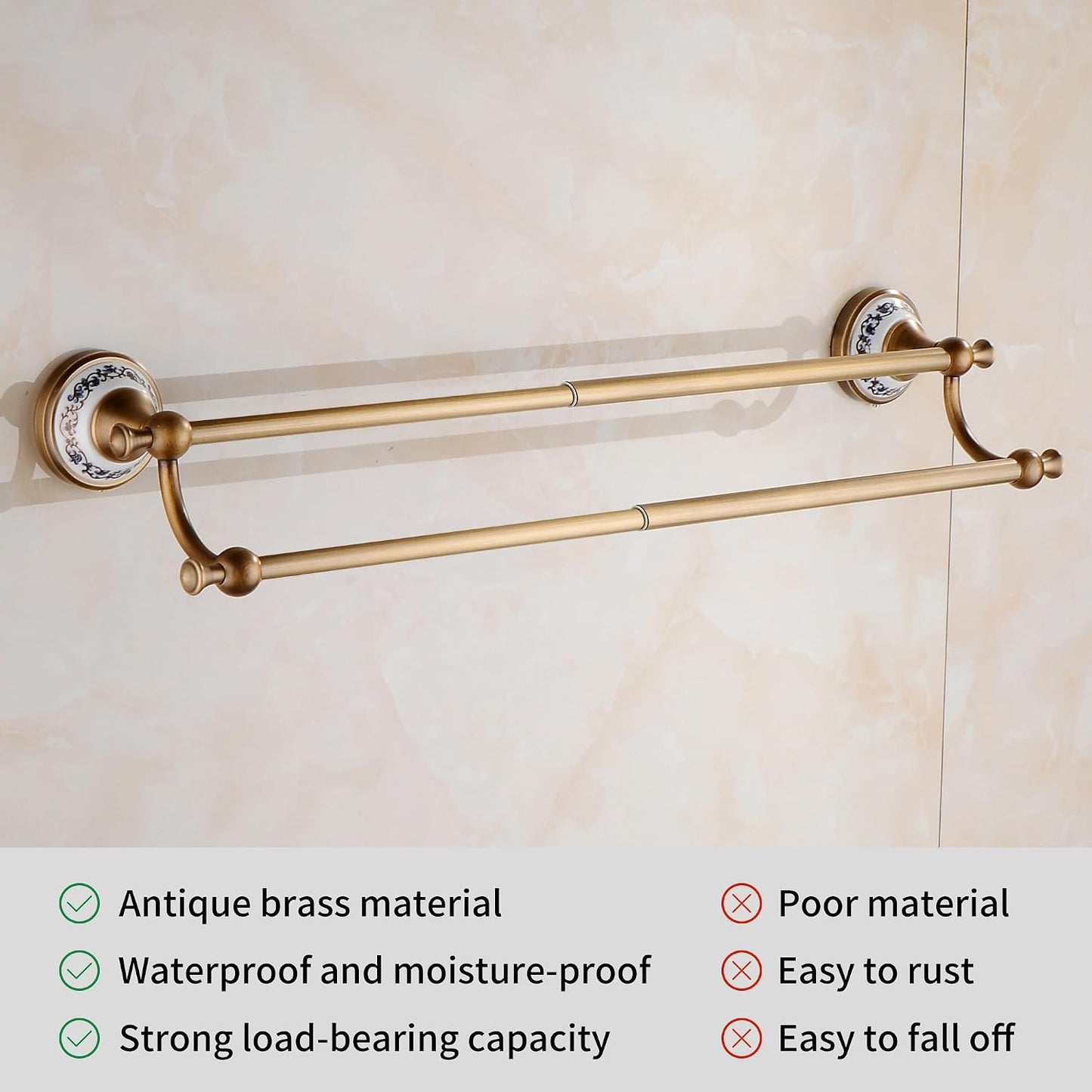 Antique Bronze Brass Double Towel Bar,Adjustable 15.5 to 27.5 Inch Bath Towel Bar Rack for Bathroom Towel Holder, Wall