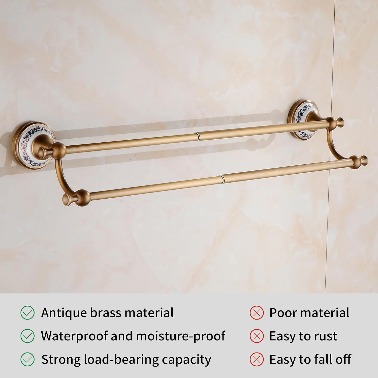 Antique Bronze Brass Double Towel Bar,Adjustable 15.5 to 27.5 Inch Bath Towel Bar Rack for Bathroom Towel Holder, Wall