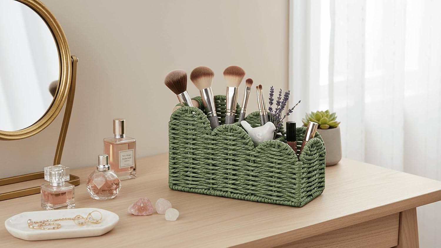 Scalloped TV Remote Control Holder Bedside Candy Organizer / Green / 3 Slots