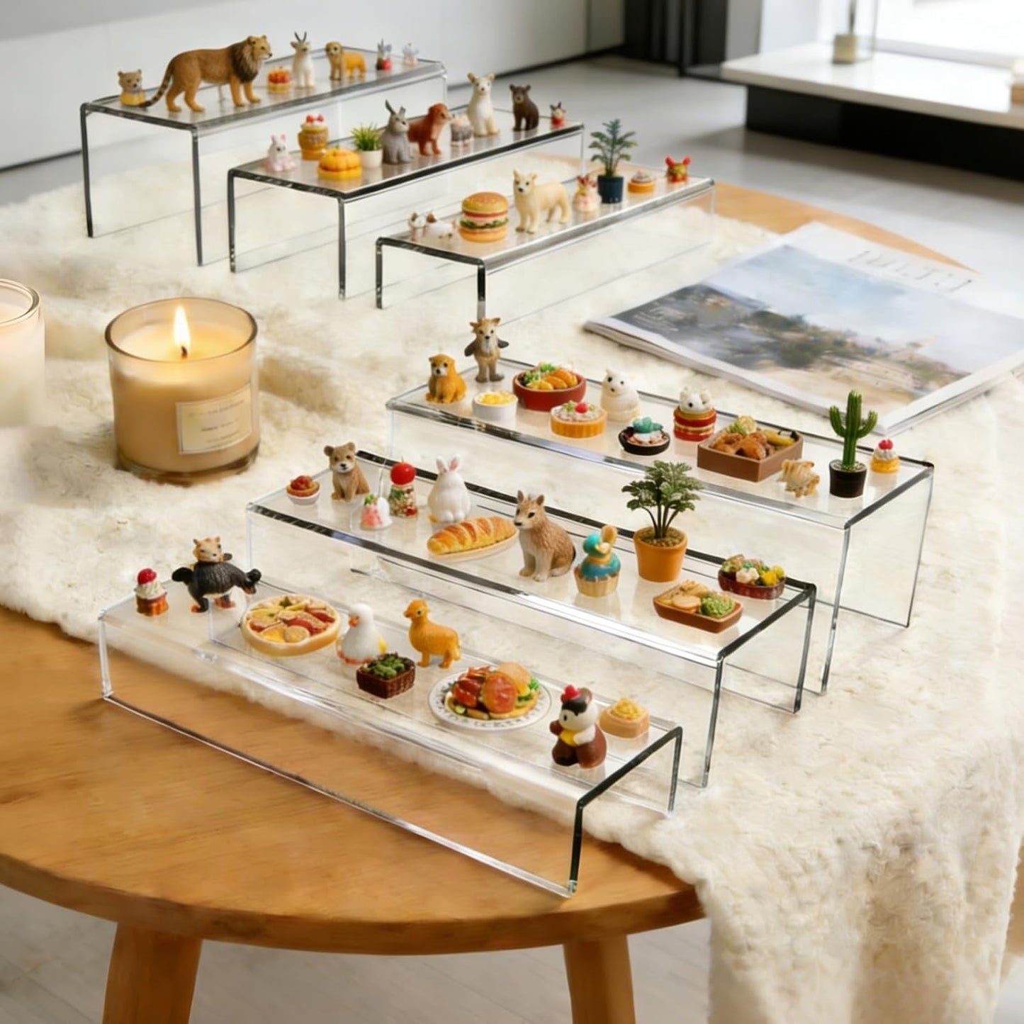 MerryNine Clear Acrylic Display Risers Stable Multi-Size | 6-Piece Set (8.66" base). Great for cosmetics, figurines