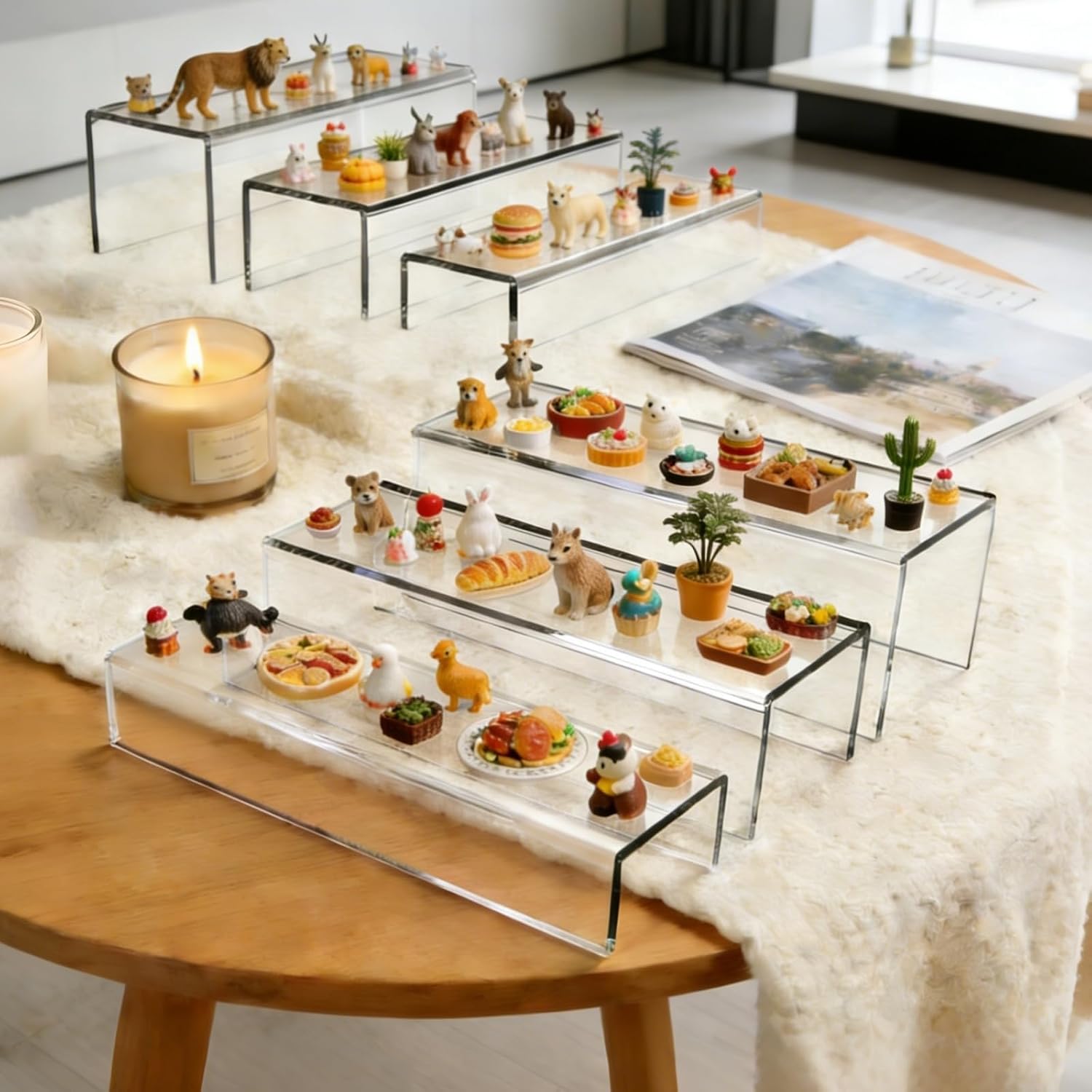 MerryNine Clear Acrylic Display Risers Stable Multi-Size | 6-Piece Set (8.66" base). Great for cosmetics, figurines