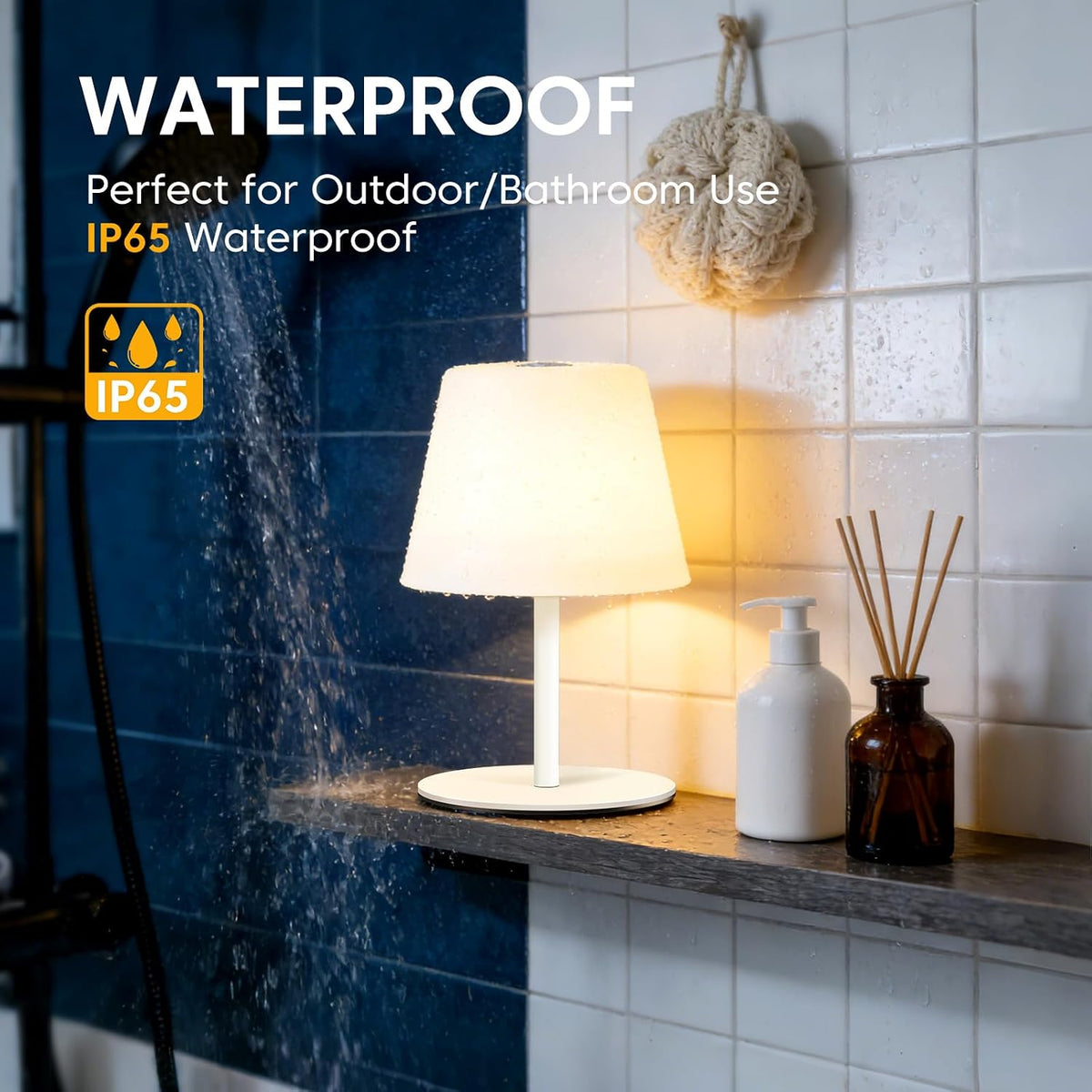 IP65 Shower Lamp Waterproof,Cordless Rechargeable Table Lamp Indoor Outdoor | Bathroom Lamp,4000mAh Battery Operated，3
