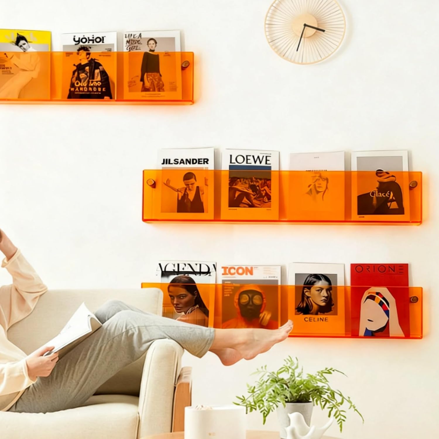 ROYALITA 2-Pack Acrylic Magazine Holder Brochure Holder, Orange 24 Inch | Record Magazine Rack, Fashion Floating