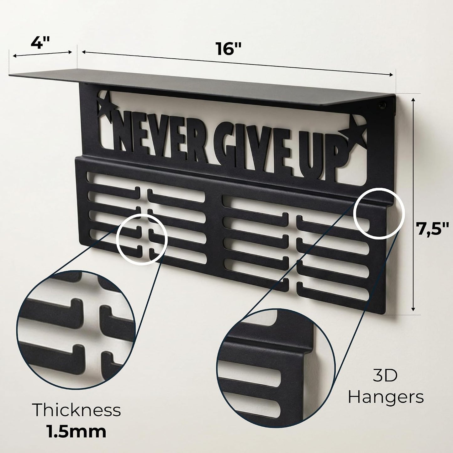 AGATHOS HOME Medal Hanger Display with Trophy Shelf - Metal Awards Rack for Walls Holds 64+ Sports Medals- Our Never