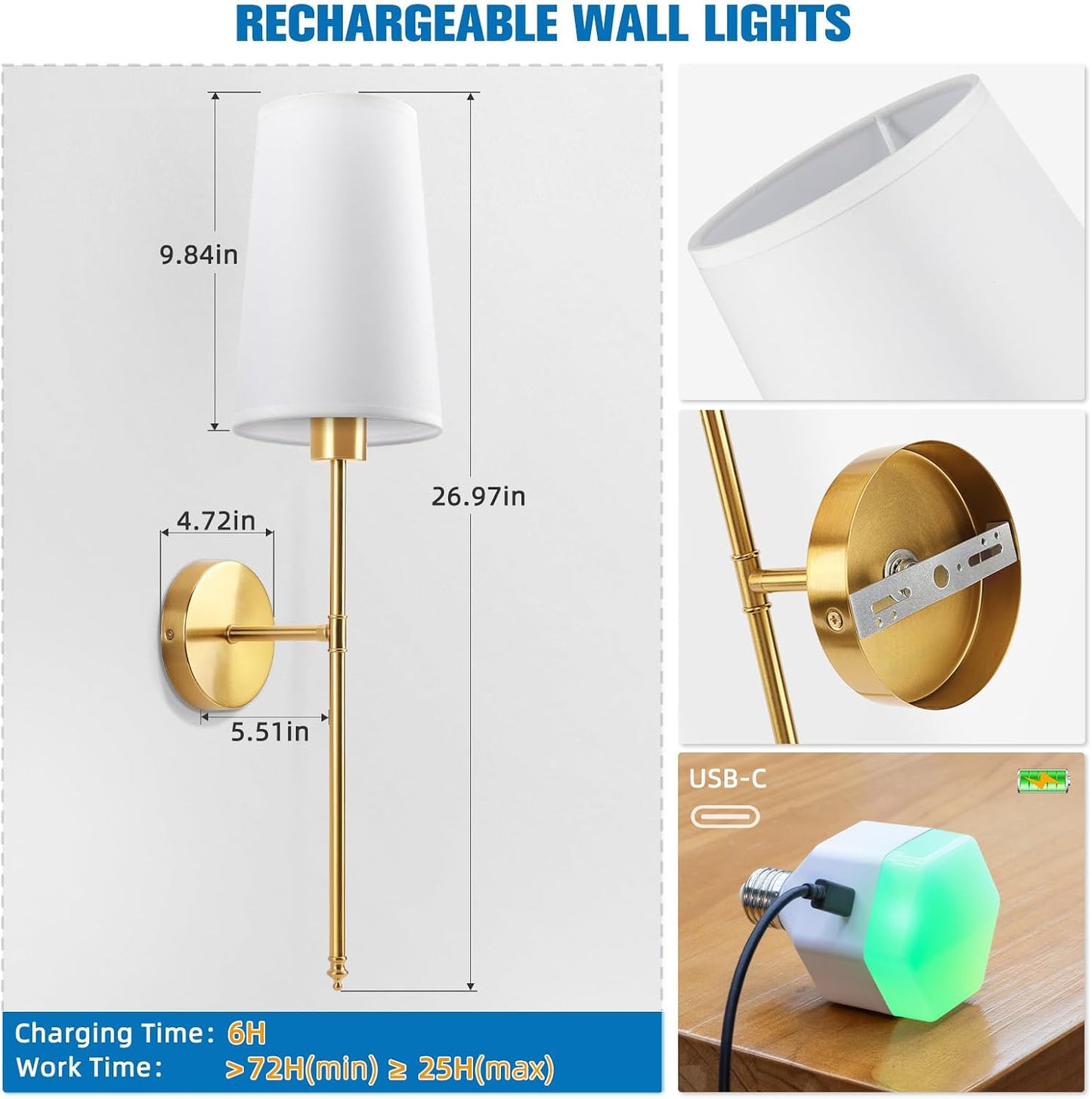 Gold Battery Operated Wall Sconce Set of 2,Rechargeable Wall Lights with 10400mAh Dimmable Detachable Bulbs and