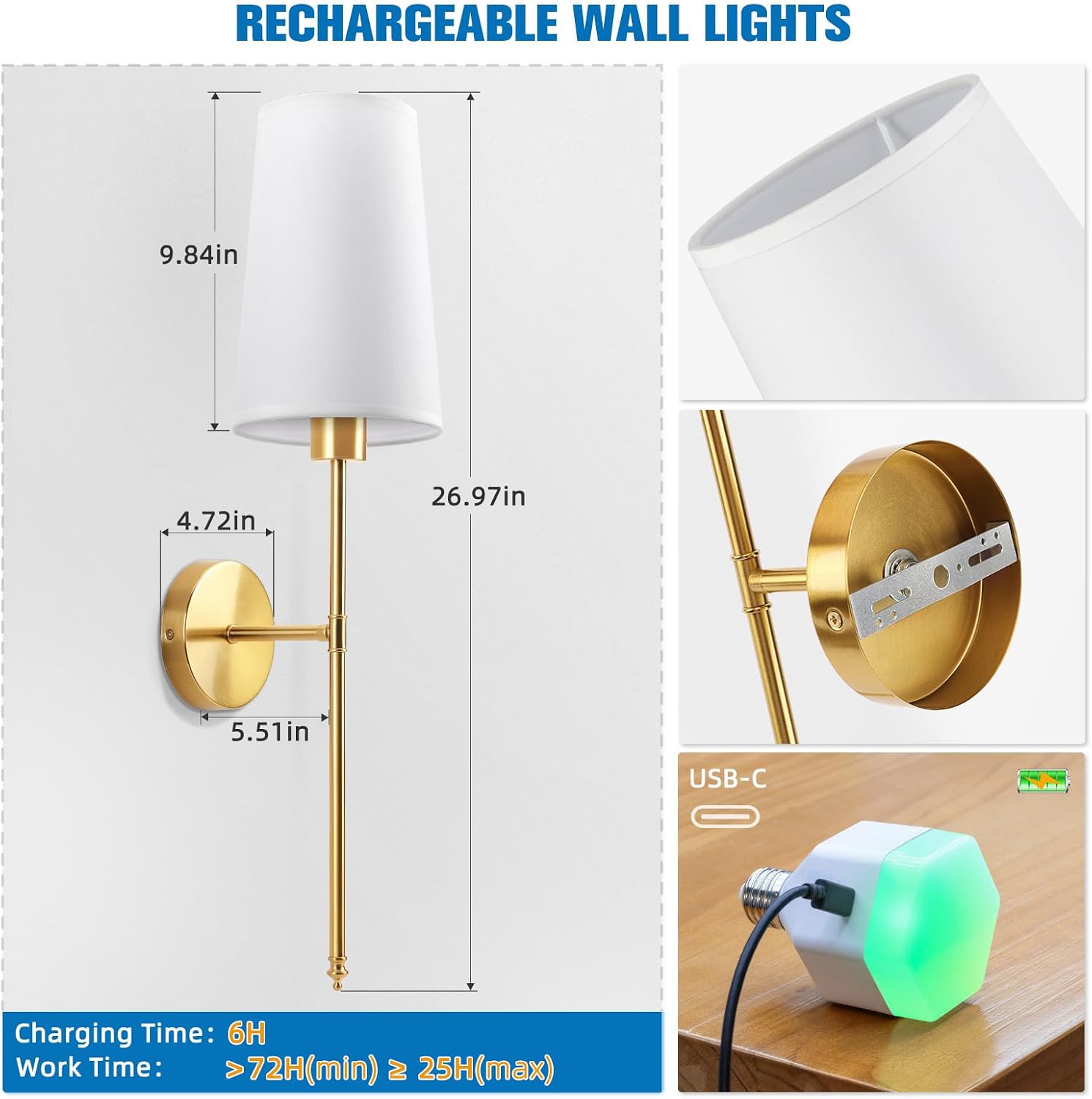 Gold Battery Operated Wall Sconce Set of 2,Rechargeable Wall Lights with 10400mAh Dimmable Detachable Bulbs and