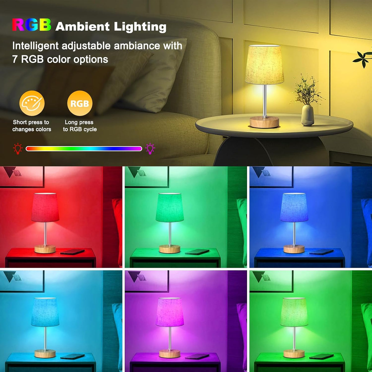 Wowag Small Cordless Table Lamp,5000mAh Rechargeable Battery Operated Desk Lamp,3 Colors & 7 RGB Stepless Dimmable