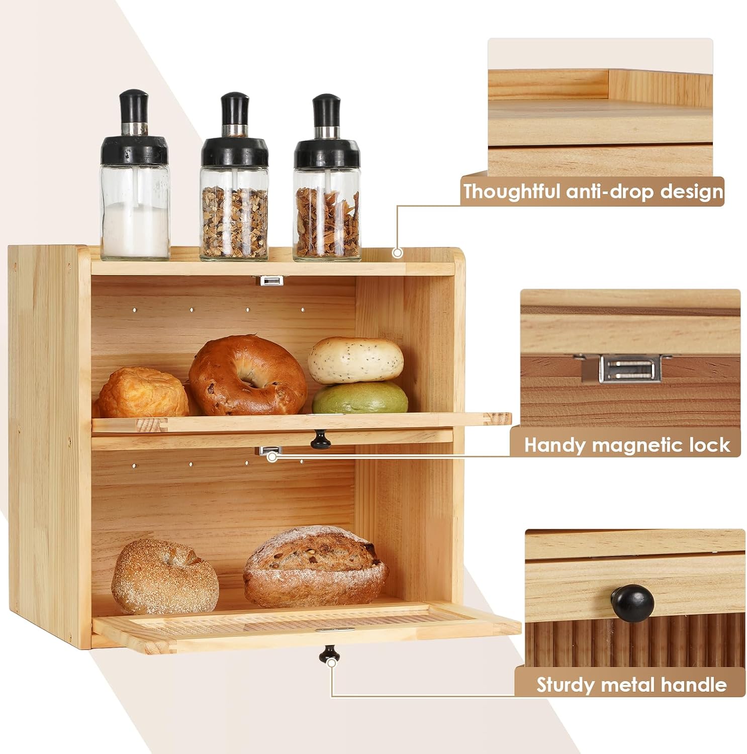 Sunhoo Bread Box for Kitchen Countertop Wooden Bread Storage Container Bin 2 Layer Breadbox Holder Large Capacity