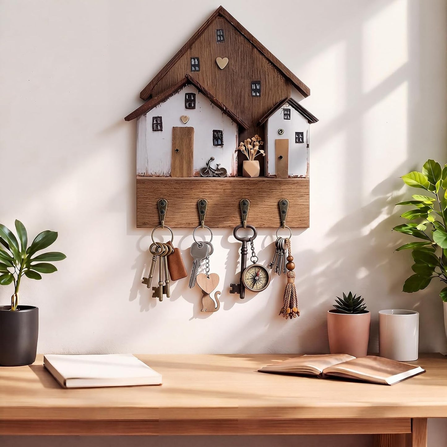Wooden Key Holder / Key Hanger Purse Organizer Decorative Wall Hooks House Shaped Boho Decorative