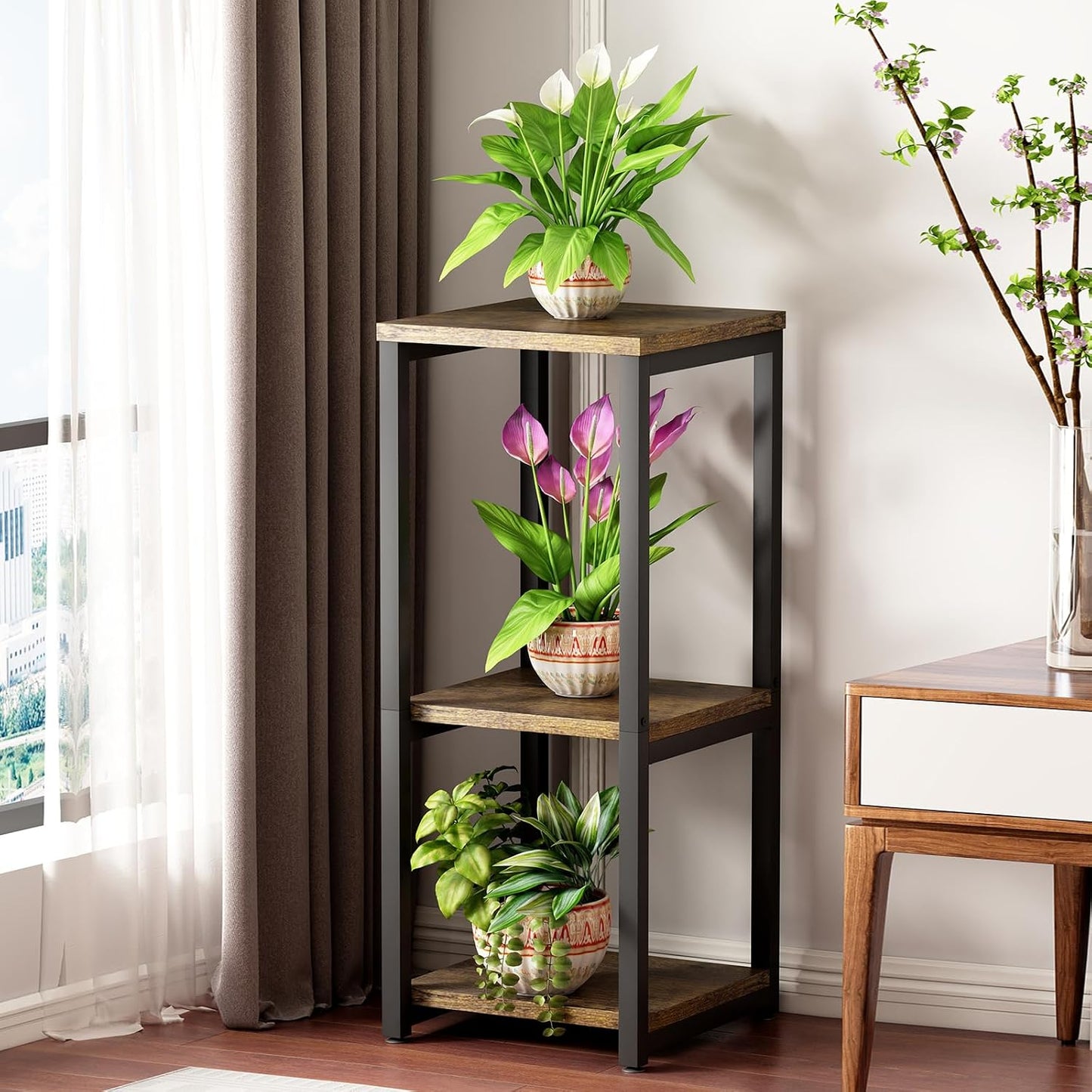 3 Tier Plant Stand Indoor Corner Tall Square Shape Plant Shelf | Modern Metal MDF board Flower Storage,Suitable tight
