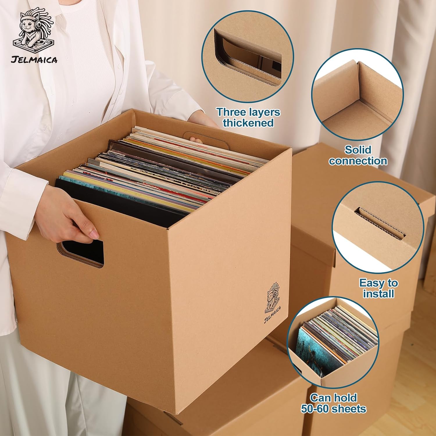 12" Vinyl Record Storage and Moving Box, Holds 60 Records or LPs, 2-Pack | Durable Cardboard with Removable Lid