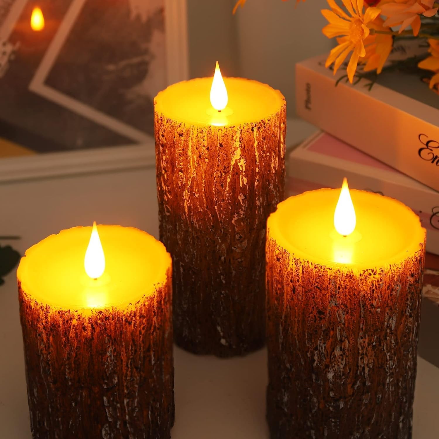 AKU TONPA Pine Bark Effect Flameless Candles Battery Operated Pillar Real Wax Flickering Electric LED Candle Sets with
