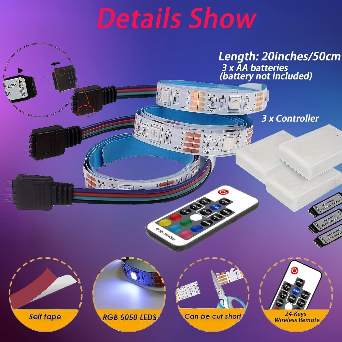 Battery Powered LED Strip Lights, Wireless RGB LED Strip Lights with 24 Keys Remote Control, 20 inch x 3 Pack for
