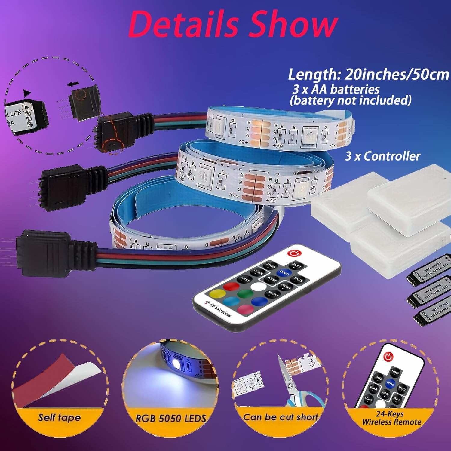 Battery Powered LED Strip Lights, Wireless RGB LED Strip Lights with 24 Keys Remote Control, 20 inch x 3 Pack for